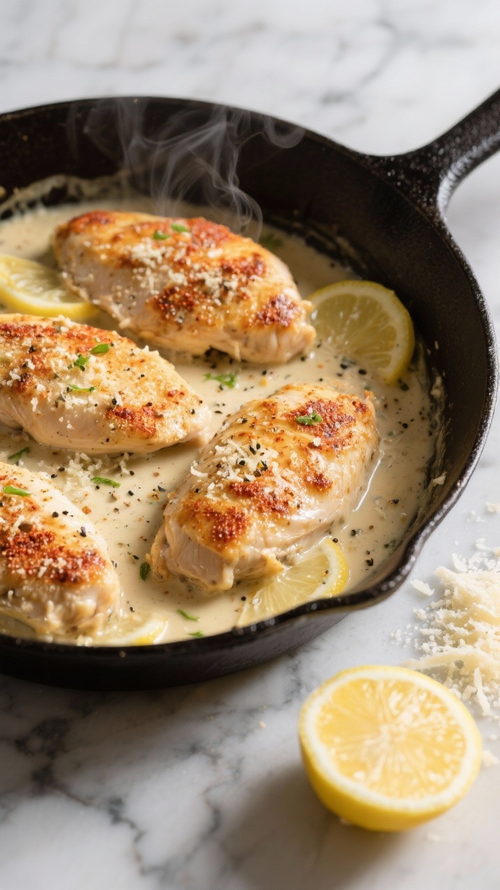 Overhead shot of Skillet Creamy Garlic Parmesan Chicken With Lemon-Sear Magic: four golden seared boneless skinless chicken breasts dusted with paprika, salt, pepper, and a light flour dredge, nestled in a glossy creamy garlic-Parmesan sauce with visible lemon slices and zest, flecks of black pepper, and a silky sheen; cast-iron skillet on a marble surface, scattered grated Parmesan and a cut lemon nearby, moody natural light emphasizing caramelized edges and creamy texture, steam subtly rising
