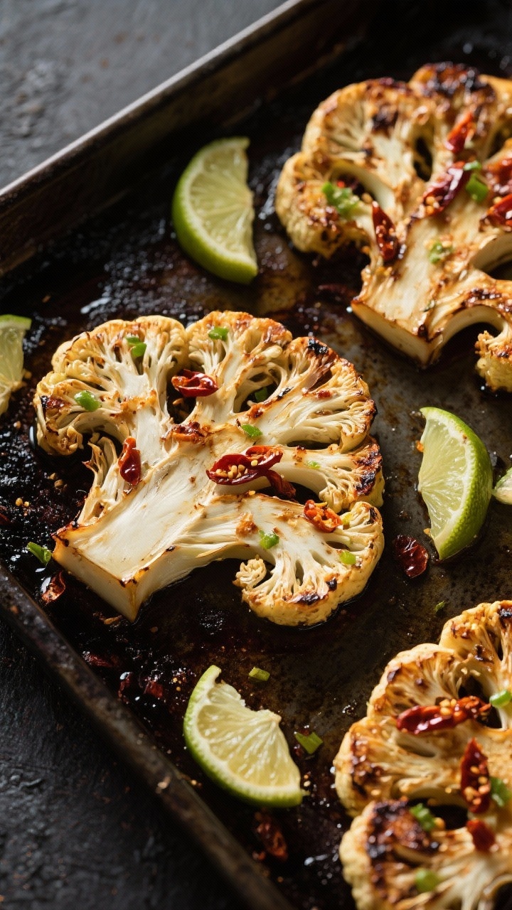 Overhead shot of smoky chili-lime cauliflower steaks just out of the oven on a dark sheet pan: thick 1–