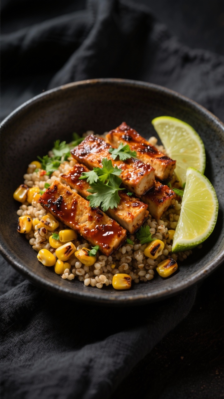 Overhead shot of smoky chipotle tempeh bowls: caramelized 1/4-inch tempeh strips seared in adobo sauce, minced chipotle, smoked paprika, cumin, and olive oil, layered over lime-charred corn kernels, with fresh lime wedges and a sprinkle of chopped cilantro on warm quinoa; moody dark ceramic bowl on a charcoal linen, dramatic side light to emphasize sear marks and smoky glaze.