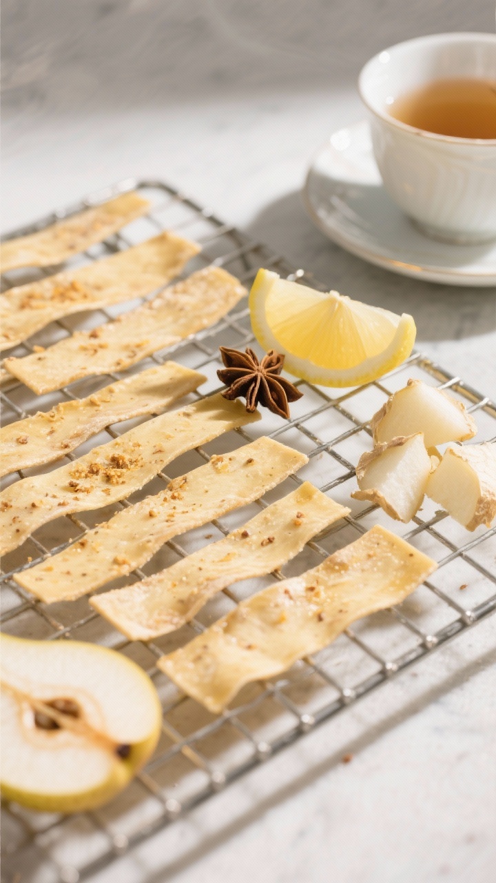 Overhead shot of Spiced Pear Ginger Tea-Time Strips cooling on a rack: pale golden pear leather with visible specks of freshly grated ginger and a hint of cardamom; lemon wedge, whole cardamom pods, and peeled, chopped pears arranged neatly; refined tea-time styling with a porcelain teacup in the background (empty), gentle afternoon light, elegant and minimal.