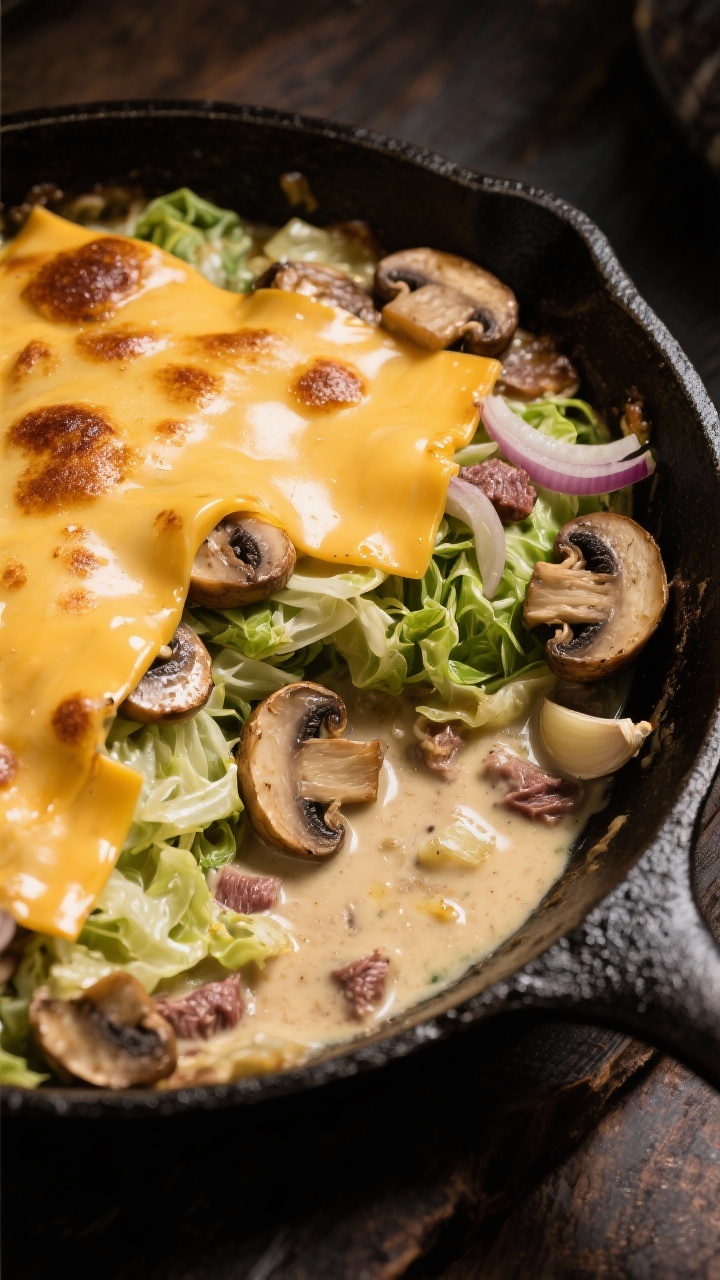Overhead shot of steakhouse mushroom and Swiss cabbage casserole in a deep skillet: shredded green cabbage sautéed in butter and olive oil until tender, layered with golden-seared cremini mushrooms, thin onion slices, and garlic; creamy beef-broth and heavy-cream reduction binding the layers, melted Swiss cheese blanketing the top with browned spots; earthy palette, cast-iron texture, moody side light.