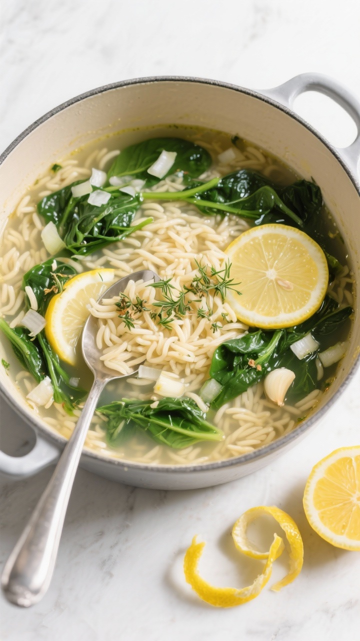 Overhead shot of zesty lemon orzo spinach soup in a wide pot: tender orzo swirling in a clear broth speckled with finely chopped onion, minced garlic, dried oregano and dill, ribbons of just-wilted spinach; lemon halves and zest curls on the side, a final squeeze of lemon brightening the surface; clean, airy composition with a stainless ladle.