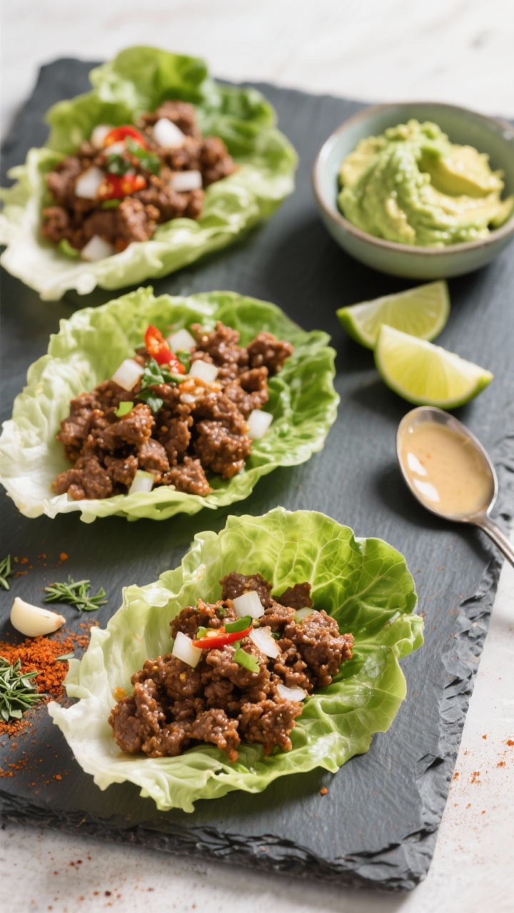Overhead shot of zesty taco beef lettuce wraps being assembled: crisp butter lettuce leaves arranged on a slate board, filled with browned 80/20 ground beef sautéed with finely diced onion, minced garlic, chili powder, cumin, smoked paprika, and dried oregano; a small bowl of avocado-lime crema off to the side, lime wedges, and a drizzle-ready spoon; vibrant, fresh, and punchy colors with clean daylight.