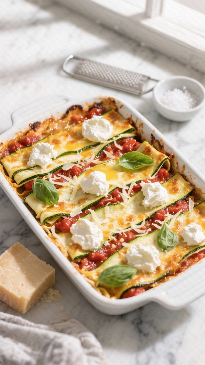 Overhead shot of Zucchini Ribbon Lasagna with ricotta clouds: thin 1/8-inch zucchini ribbons layered with shredded mozzarella, dollops of whole-milk ricotta mixed with egg and grated Parmesan, streaks of red marinara, lightly salted zucchini beads glistening; baked in a white enamel casserole, golden cheese blistered at the edges, fresh basil scattered; styled on a marble surface with a microplane, Parmesan wedge, and a small bowl of kosher salt nearby, soft natural window light, crisp shadows.