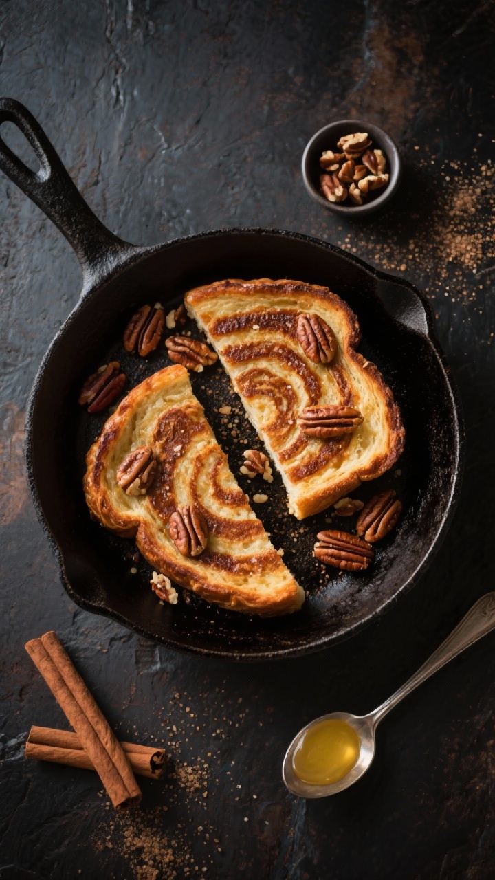 Overhead skillet action shot for Cinnamon Swirl Skillet French Toast: cast-iron skillet with two slices showing a dramatic cinnamon “swirl” pattern, edges caramelized, topped with toasted pecans and a sprinkle of granular keto sweetener and cinnamon. Include a small bowl of toasted pecans, cinnamon sticks, and a spoon with melted butter on the side. Dark rustic backdrop, moody contrast to highlight the swirl and nutty texture.