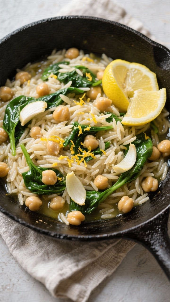 Overhead skillet capture of garlicky lemon chickpea orzo: glossy orzo simmered in vegetable broth with thinly sliced garlic, tender chickpeas, ribbons of wilted baby spinach; lemon zest sprinkled over top and lemon wedges nearby; light olive oil sheen, bright and fresh color palette; cooked in and served from a black enamel skillet on a linen cloth.