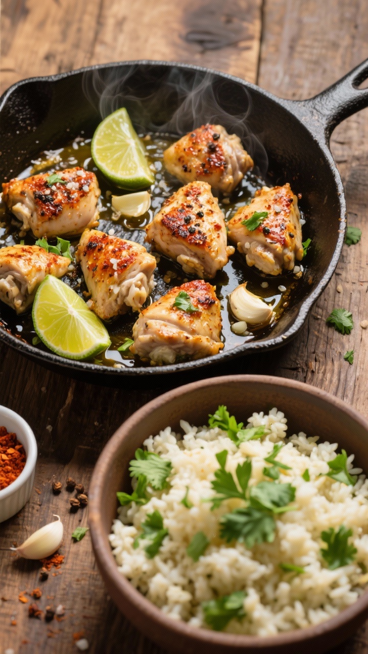 Overhead skillet shot: bite-size chicken thigh pieces sizzling in avocado oil, coated with a zesty rub of sea salt, black pepper, smoked paprika, and ground cumin; lime wedges and minced garlic cloves scattered in the pan; side bowl of vibrant cilantro “rice” made from cauliflower flecked with fresh cilantro and lime zest; styled on a warm cast-iron skillet over a rustic wood surface with a small ramekin of extra paprika and a glistening lime wedge, steam visible, bright, fresh, weeknight-keto mood.