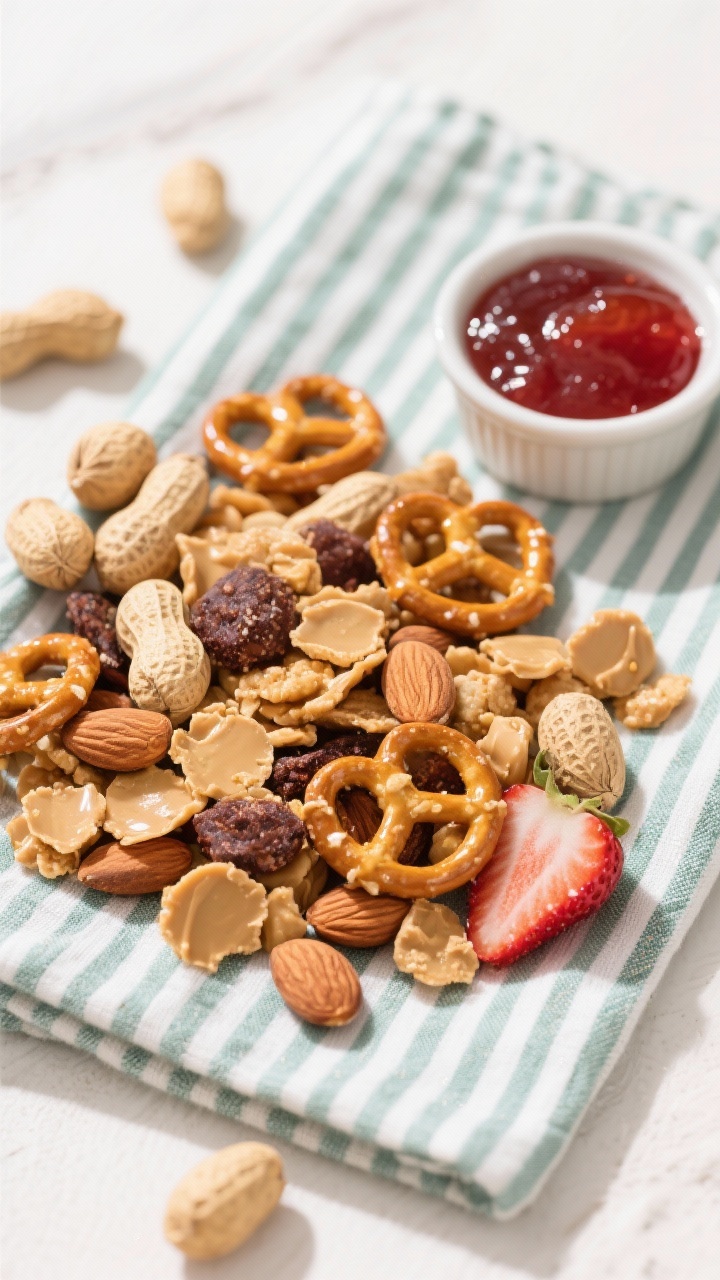 Overhead snack-time scene for PB&J Trail Mix on a striped cloth napkin: dry roasted unsalted peanuts, mini pretzels, roasted almonds, peanut butter chips, and lightly crushed freeze-dried strawberries; a small ramekin of strawberry jam off to the side for visual cue, playful nostalgic vibe, bright daylight, crisp textures with contrasting matte pretzels and shiny peanut butter chips.