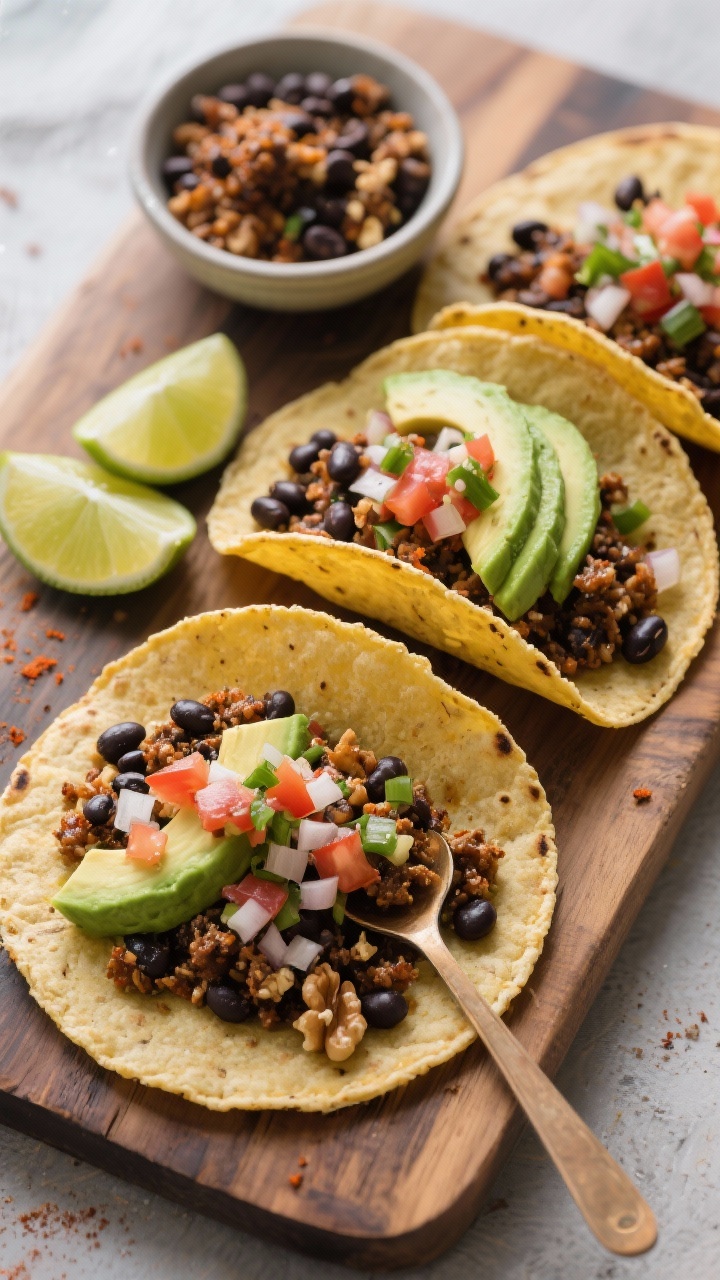 Overhead taco assembly: black bean and walnut taco crumbles sautéed with onion, garlic, chili powder, cumin, and a pinch of smoked paprika, spooned into warm corn tortillas; topped with fresh pico de gallo and fanned avocado slices; lime wedges and a small bowl of extra crumbles on a rustic wooden board.