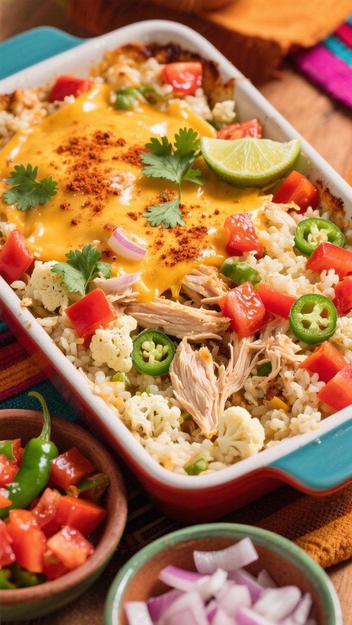Overhead Tex-Mex Fiesta Chicken Casserole with Cauliflower Rice, styled in a colorful baking dish: shredded chicken mixed with well-drained cauliflower rice, finely diced onion, red bell pepper, and diced tomatoes with green chiles. Topped with a melted cheese blend, sprinkled with chili powder and cumin, garnished with fresh cilantro and lime wedges. Visible texture of cauliflower grains and bright pepper cubes. Side bowls of extra diced tomatoes with green chiles and chopped onion; warm, vibrant lighting for a fiesta mood.