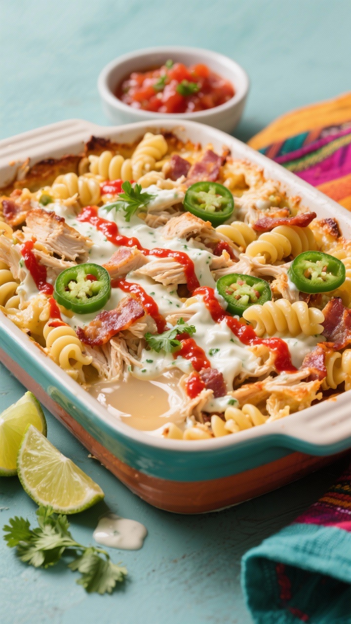Overhead Tex-Mex Ranch Fiesta Bake: cavatappi coated in a creamy ranch-sour cream and medium salsa blend, shredded chicken and bacon folded in; speckled with chili-red salsa streaks, garnished with cilantro and a few diced jalapeños; a small pour of chicken broth visible pooling slightly for gloss; served in a colorful ceramic baking dish with lime wedges and a bowl of salsa alongside for a fiesta mood.