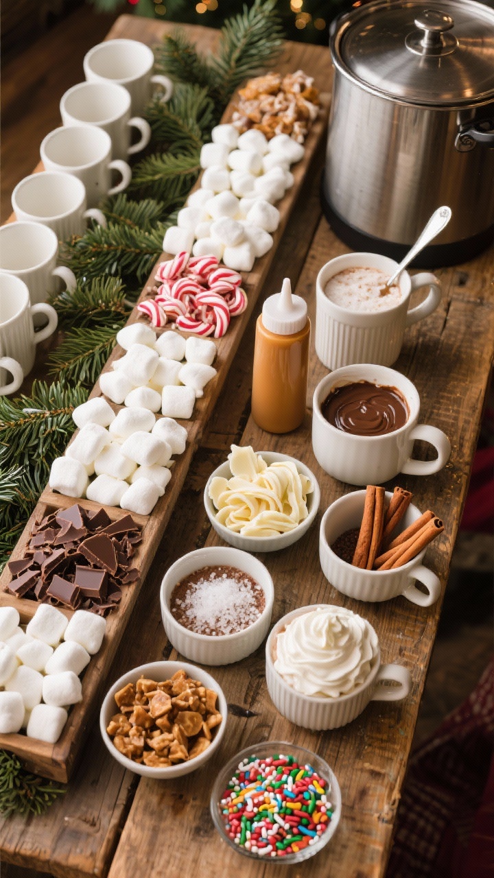 Overhead toppings bar spread: A DIY hot chocolate toppings station styled for the holidays—organized rows of fluffy mini marshmallows, crushed peppermint, chocolate shavings, white chocolate curls, caramel sauce in a squeeze bottle, chocolate sauce, whipped cream in a piping bowl, cinnamon sticks, flaky sea salt, toffee bits, and sprinkles; multiple empty cozy mugs, ladle in a large insulated pot off to the side; festive yet clean layout on a rustic wood table with evergreen sprigs, bright and inviting, sharp detail and vibrant color.