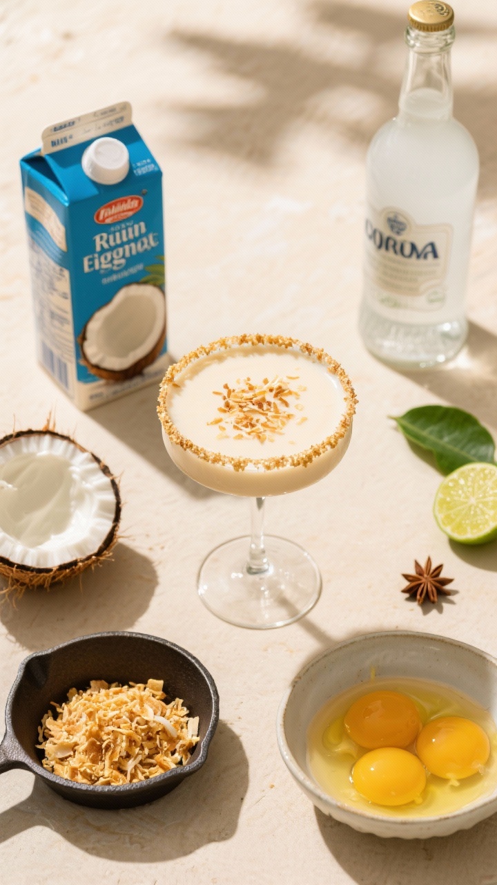 Overhead tropical-inspired flat lay of toasted coconut rum eggnog prep. A coupe glass filled with pale coconut-cream eggnog topped with a toasted shredded coconut rim. Around it: a carton of unsweetened coconut milk, an open can showing thick coconut cream, a small skillet with golden toasted coconut, three egg yolks in a bowl, and a clear bottle of white rum. Add lime leaf and a star anise for subtle tropical holiday energy. Bright, sunlit styling with sandy-toned backdrop.