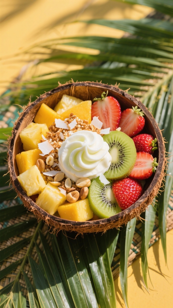 Overhead tropical sunrise bowl: vibrant chunks of fresh pineapple, diced ripe mango, kiwi slices, and quartered strawberries arranged in radiant color bands; a dollop swirl of coconut-lime cream in the center, topped with toasted coconut flakes and roughly chopped macadamia nuts; served in a coconut shell bowl on a palm-leaf placemat; bright, sunlit island aesthetic.