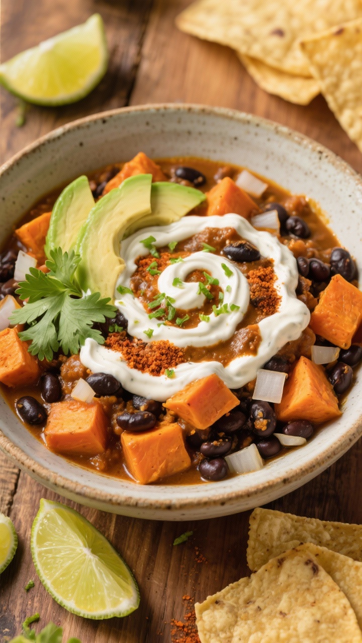Overhead vibrant bowl of sweet potato and black bean curry with zesty lime crema: chunky orange sweet potato cubes, black beans, diced onion, and a warmly spiced sauce featuring mild curry powder, chili powder, and ground cumin. Generous dollops of lime crema swirled on top, garnished with lime zest, cilantro, and thin avocado slices. Rustic ceramic bowl on a wooden table, tortilla chips and lime wedges scattered for context, bright and appetizing color contrast.