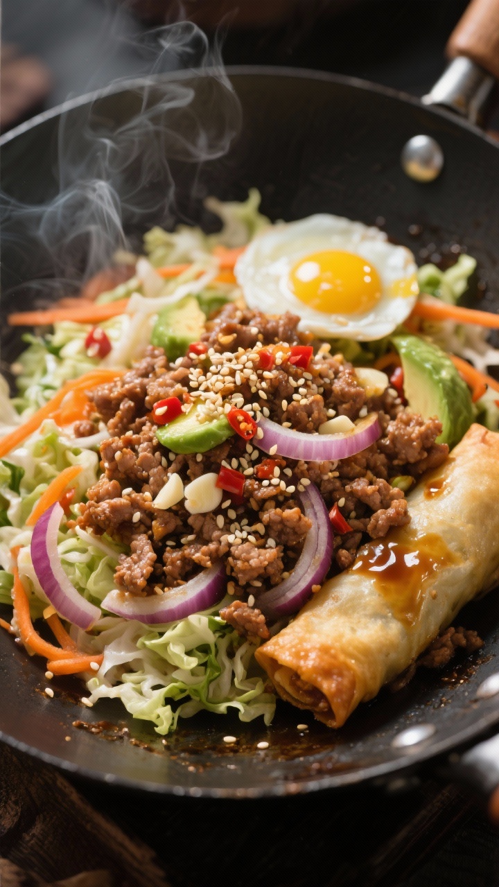 Overhead wok shot of “egg roll in a bowl”: sizzling ground pork with grated ginger and minced garlic, thinly sliced onion, and a colorful coleslaw mix of shredded cabbage and carrots; soy/tamari sheen, toasted sesame seeds scattered, and chili crunch drizzled on top; avocado oil gloss visible; vibrant, high-contrast lighting to highlight steam and texture.