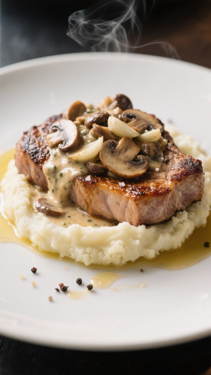 Plated bistro-style presentation: creamy garlic mushroom pork chops—boneless chops seared in olive oil and butter, seasoned with kosher salt and black pepper—topped with a lush cremini mushroom and garlic cream sauce; smooth cauliflower purée swoosh underneath, a drizzle of pan juices, steam wisps, and a few cracked pepper grains for finish, photographed at a 45-degree angle for depth.