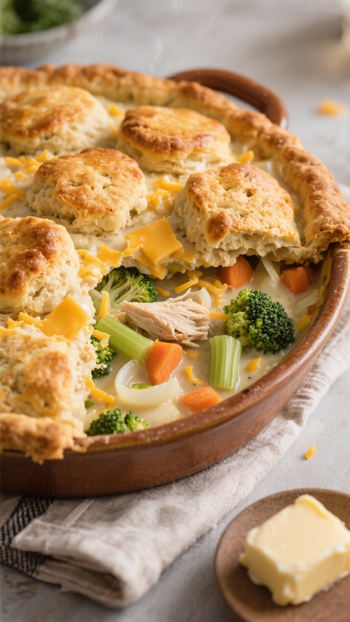 Plated comfort scene of a cheddar biscuit drop–topped chicken pot pie served in a deep ceramic dish: bronzed, craggy cheddar biscuits scattered over a creamy filling of butter-sweated onion, celery, optional carrots, chopped broccoli florets, and shredded chicken. A biscuit pulled aside reveals velvety sauce and colorful vegetables. 45-degree angle, warm tones, grated cheddar and a pat of butter off to the side, linen napkin for homestyle mood.