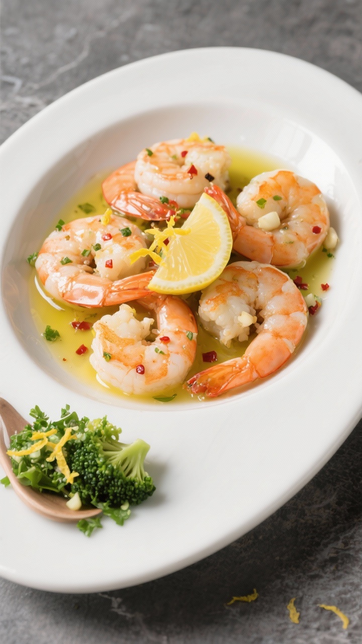Plated elegance at 45 degrees: lemon-garlic butter shrimp arranged in a shallow bowl, shells off and lightly curled, glossy with butter; flecks of minced garlic, red pepper flakes, sea salt, and black pepper cling to the shrimp; bright lemon zest sprinkled over; alongside, a broccoli “gremolata” finely chopped with parsley and lemon zest, spooned as a fresh, green contrast; a final drizzle of olive oil catching the light; minimalist white plate on a slate surface, bright, zesty, seafood-forward.
