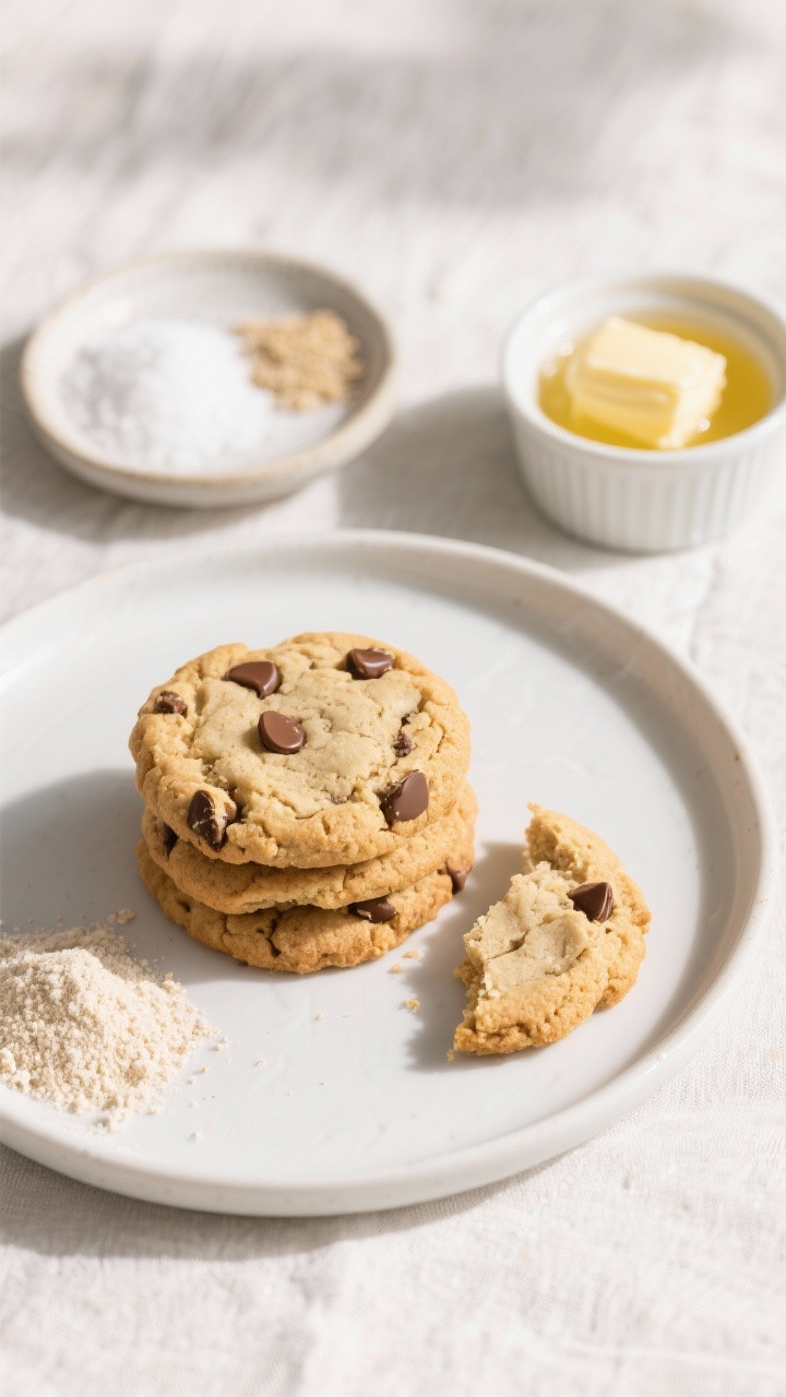 Plated, gluten-free almond flour chocolate chip cookies on a simple white ceramic plate, slightly crackly tops with visible chocolate chips, tender centers highlighted by a gentle break in one cookie. Style with a small mound of fine almond flour in a dish, a pinch bowl of cornstarch (or tapioca starch), baking soda, fine sea salt, and a ramekin of melted and cooled butter (or coconut oil option shown in a separate small dish). Clean, minimalist composition on a light linen, bright natural light to emphasize golden color and delicate crumb; modern, “not GF-looking” appeal.