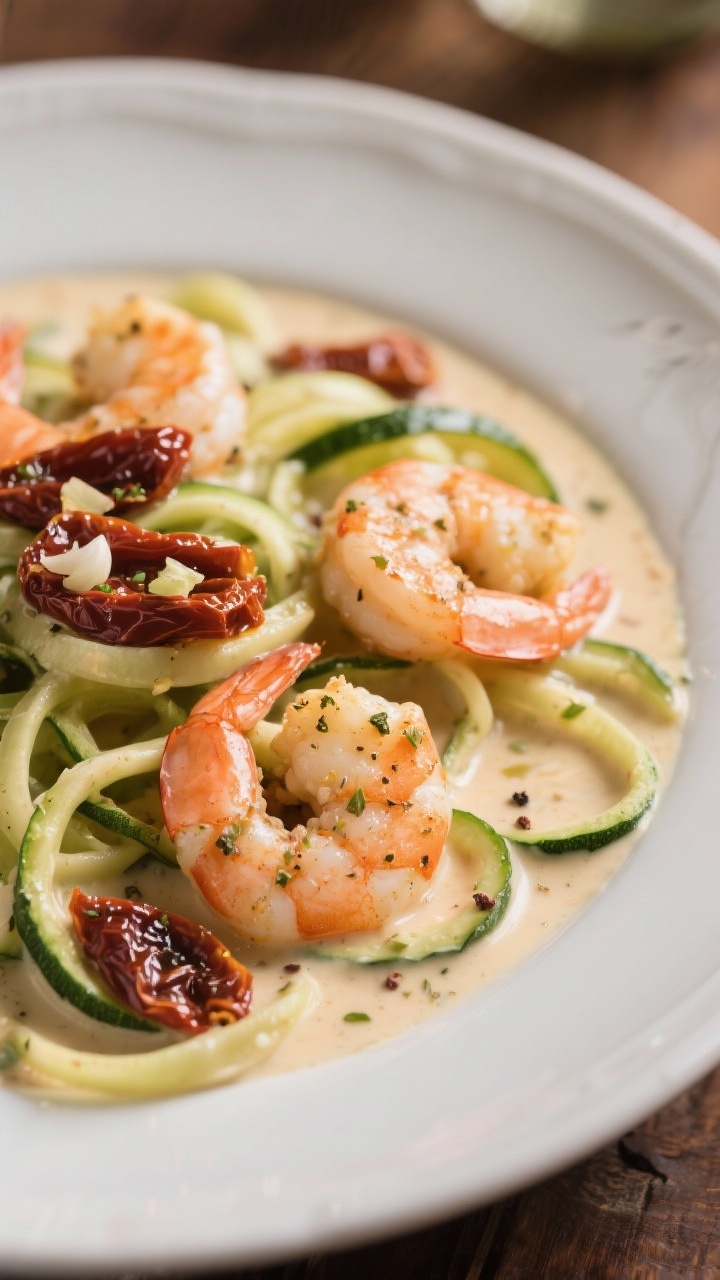 Plated one-pot creamy Tuscan shrimp at a 45-degree angle: large shrimp seasoned with Italian seasoning, salt, and pepper nestled in a silky cream sauce with ribbons of zucchini “pasta,” sun-dried tomatoes glistening, minced garlic aromatics visible; swirls of sauce coating the zoodles; warm, inviting light with a shallow depth of field focusing on shrimp and sauce.