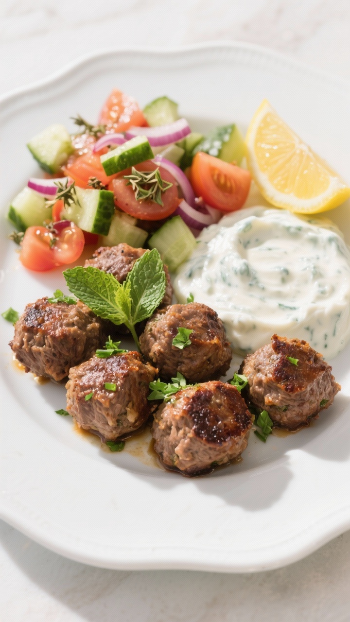 Plated presentation of Greek-style lamb meatballs, deeply browned and juicy, sprinkled with chopped parsley and mint; served with a swoosh of thick tzatziki and a side of cucumber-tomato salad (diced cucumber, tomatoes, red onion); flavors hinted by cumin and dried oregano in the meat; lemon wedge on the plate; bright Mediterranean styling on a white ceramic plate, straight-on shot for a fresh, sunny mood.