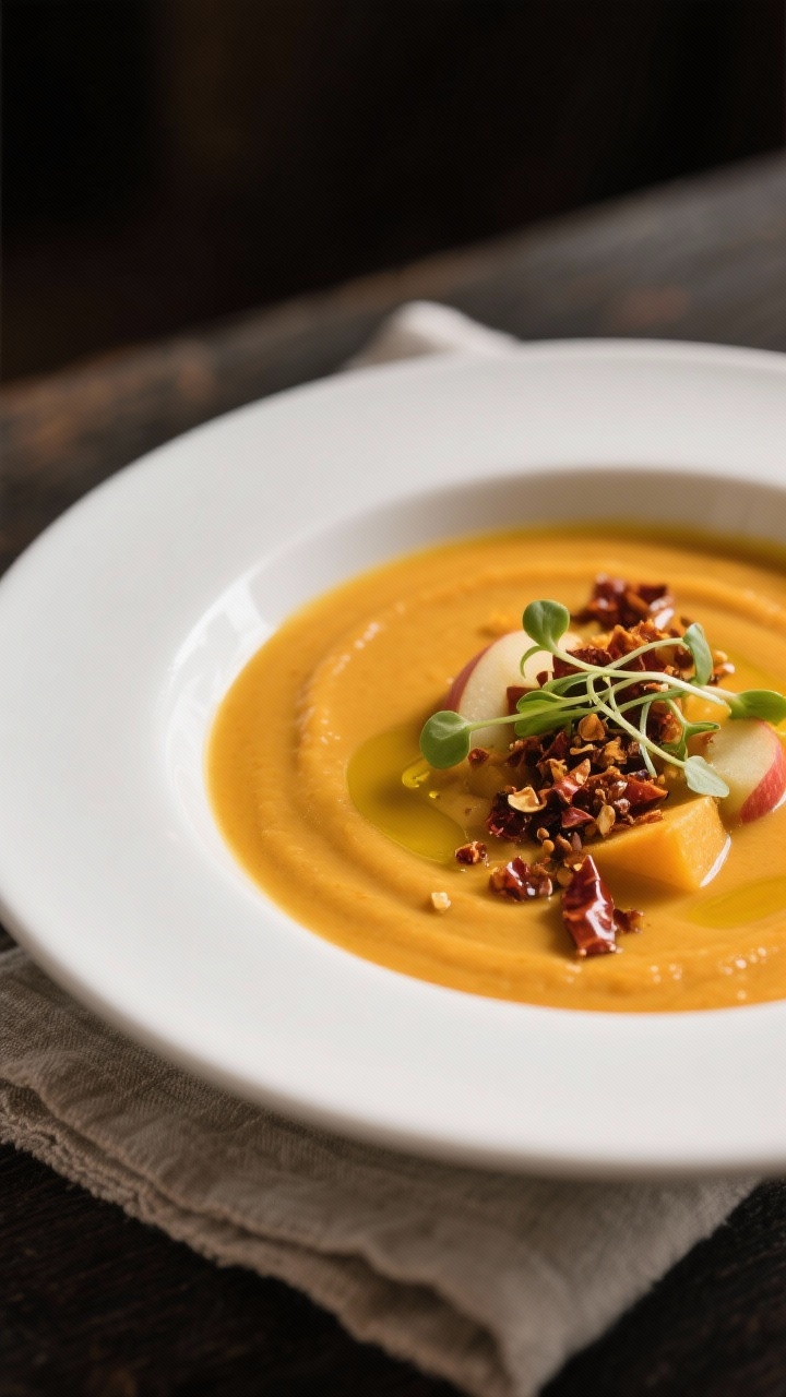 Plated presentation of silky butternut squash and apple soup in a shallow white bowl: ultra-smooth golden-orange puree from butternut squash and Honeycrisp apple, subtle warmth from ground ginger and garlic; topped with a maple-chili crunchy sprinkle (maple-coated chili flakes/seeds) and a drizzle of olive oil; garnished with microgreens; photographed at 45 degrees with moody fall lighting and a linen napkin.