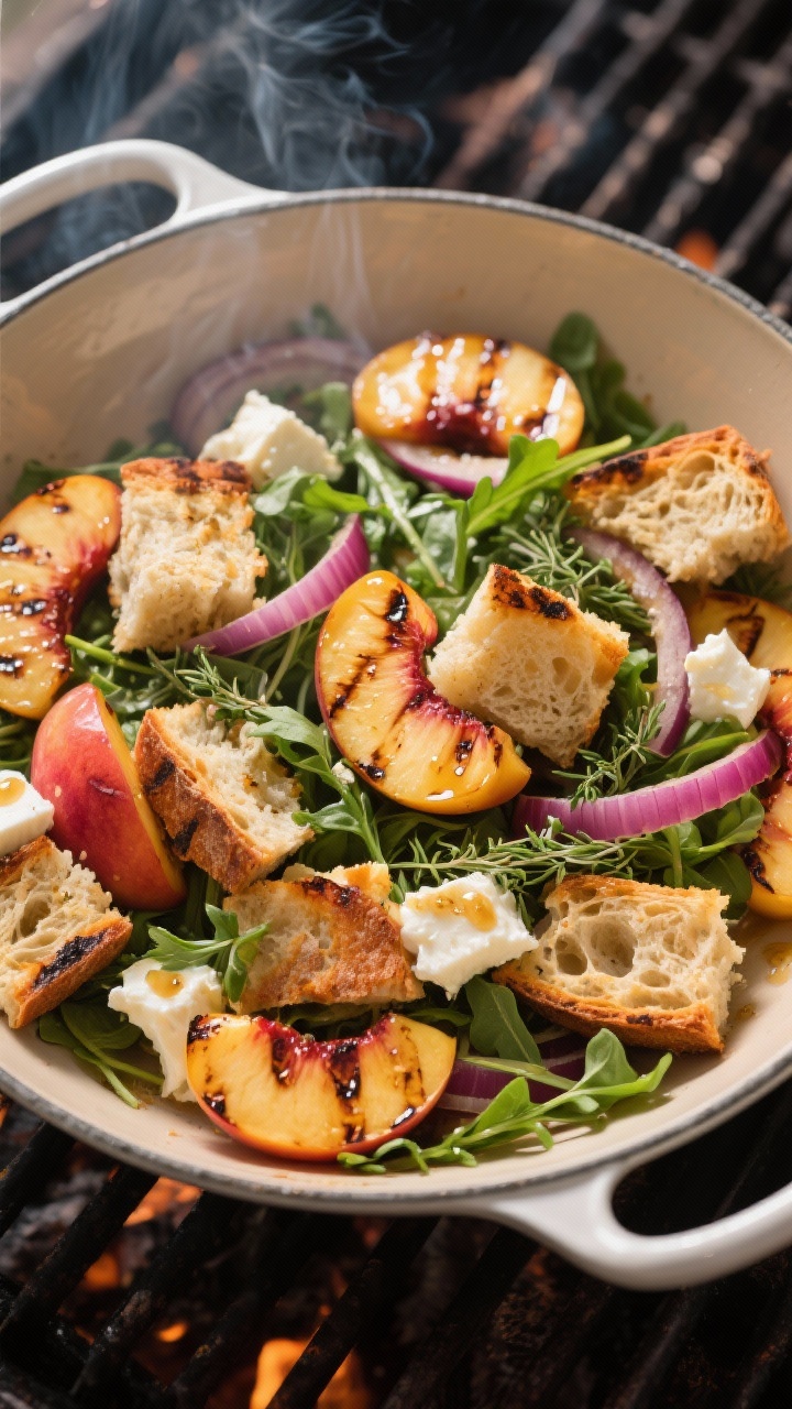 Process shot at 45 degrees of grilled stone fruit panzanella: char-marked peach and nectarine halves sliced and tossed with torn chunks of day-old rustic bread, baby arugula, thin red onion, and torn fresh mozzarella; visible sheen from honey-thyme vinaigrette on bread edges; placed in a wide enamel pan with a warm, smoky summer grill ambiance.