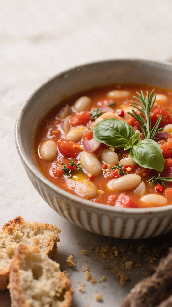 Rustic 45-degree shot of Tuscan White Bean & Tomato Soup: chunky crushed tomatoes folded with cannellini beans, onion, garlic, rosemary, oregano, and a touch of red pepper flakes; garnished with torn basil and olive oil drizzle; served in a ribbed ceramic bowl with crusty bread crumbs.