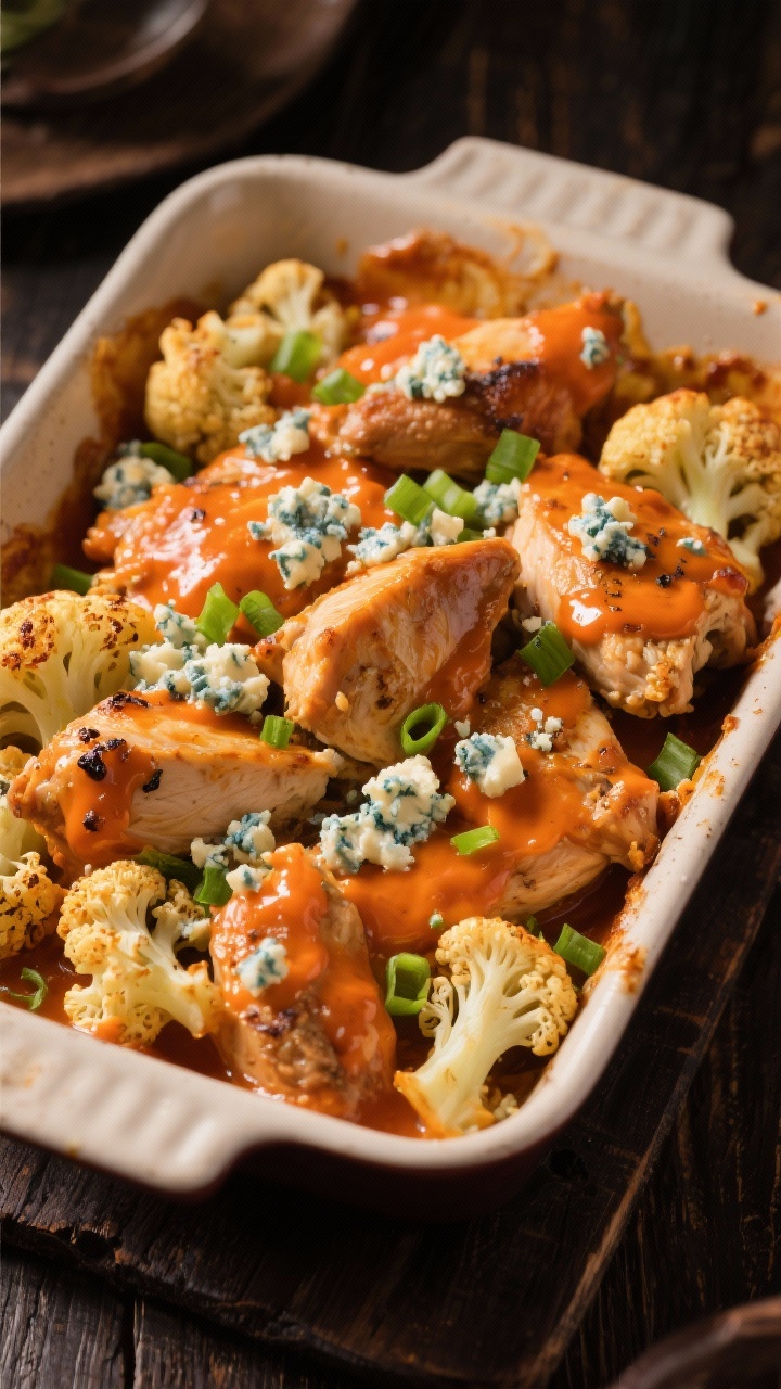 Rustic casserole dish at 45 degrees: buffalo cauliflower florets roasted with avocado oil, sea salt, and black pepper, mixed with chunky, tender chicken thigh pieces; everything coated in vivid orange Buffalo sauce; crumbles of blue cheese melting into pockets; garnish of chopped green onions; bubbling edges and baked texture emphasized, placed on a dark wooden table.
