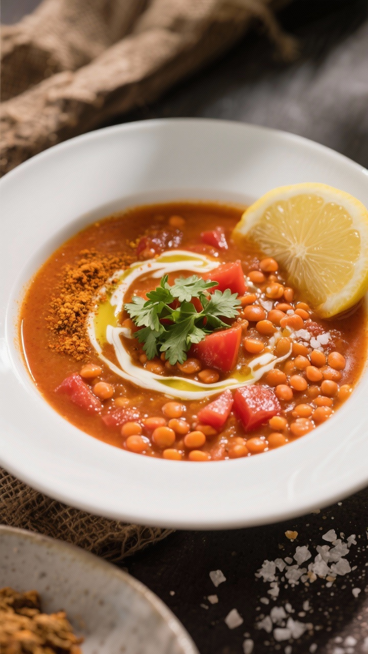 Rustic overhead of Curried Red Lentil Tomato Soup: thick, sunset-orange stew of red lentils and diced tomatoes perfumed with curry powder and cumin; swirl of coconut or olive oil; chopped cilantro and a lemon wedge to the side; coarse sea salt sprinkled around for texture.