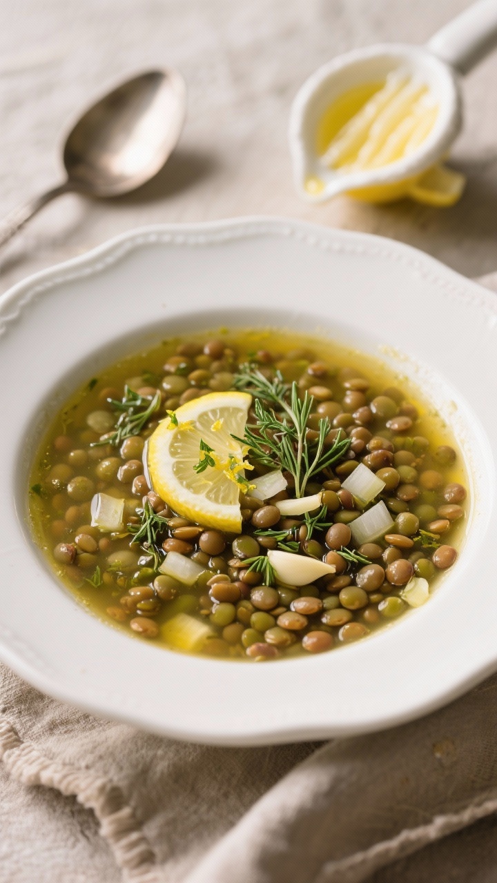 Rustic overhead of Greek-Inspired Lemon Oregano Lentil Soup: green/brown lentils in a clear golden broth with onion, garlic, oregano, thyme; lemon slices and zest brighten; finish with olive oil and dill or parsley; served with a lemon squeezer nearby.