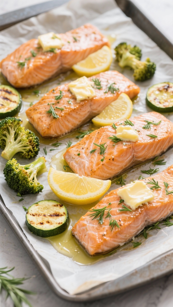 Sheet-pan lemon herb salmon at a 45-degree angle: four skin-on salmon fillets brushed with olive oil, softened butter, Dijon, lemon zest, and lemon juice, scattered with chopped fresh dill; roasted low-carb veg alongside (broccoli florets and zucchini rounds), charred edges; glossy citrusy butter pooling on the parchment, thin lemon slices tucked between fillets, bright and airy kitchen light.
