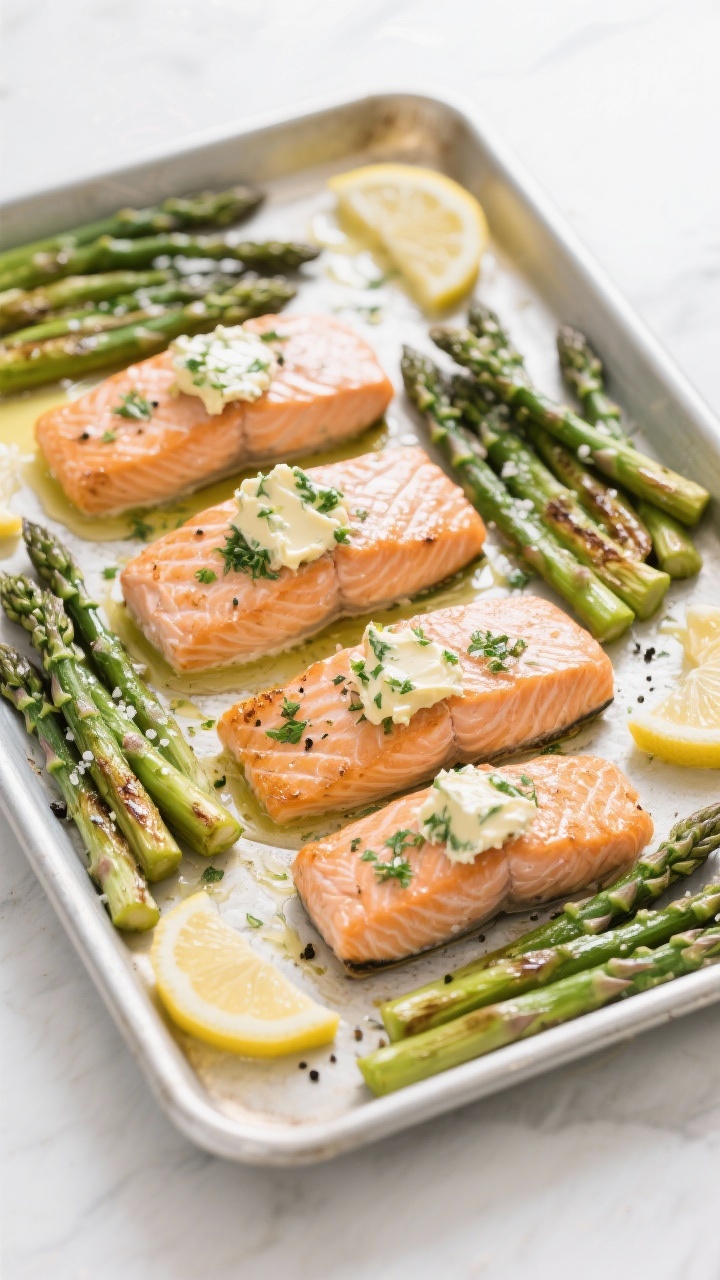 Sheet-pan overhead composition of salmon with herb butter and asparagus: four skin-on salmon fillets with dollops of softened herb butter melting across the flaky surface; asparagus spears tossed in olive oil, kosher salt, and black pepper arranged alongside; light caramelization at the tips; lemon wedges optional on the pan; clean, high-key lighting for a crisp weeknight feel.