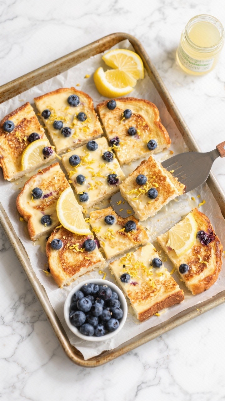 Sheet-pan overhead of Blueberry Lemon French Toast (meal-prep friendly): full sheet pan with custard-soaked slices studded with fresh blueberries, edges crisped, lemon zest scattered over top; portions pre-cut into squares with a spatula sliding under one piece. Include a small bowl of blueberries, lemon wedges, and a jar of sugar-free lemon syrup. Clean, bright styling, parchment-lined pan on a marble surface.