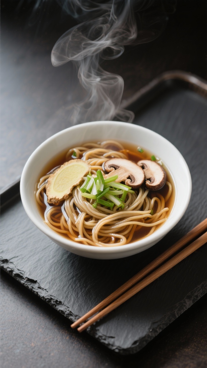 Steam-kissed 45-degree angle of Miso-Ginger Soba Noodle Soup: tangled soba noodles in a clear miso broth with thin ginger slices, soy sauce gloss; floating scallions and mushrooms (sliced); a pair of chopsticks resting on a slate tray; clean, zen styling.