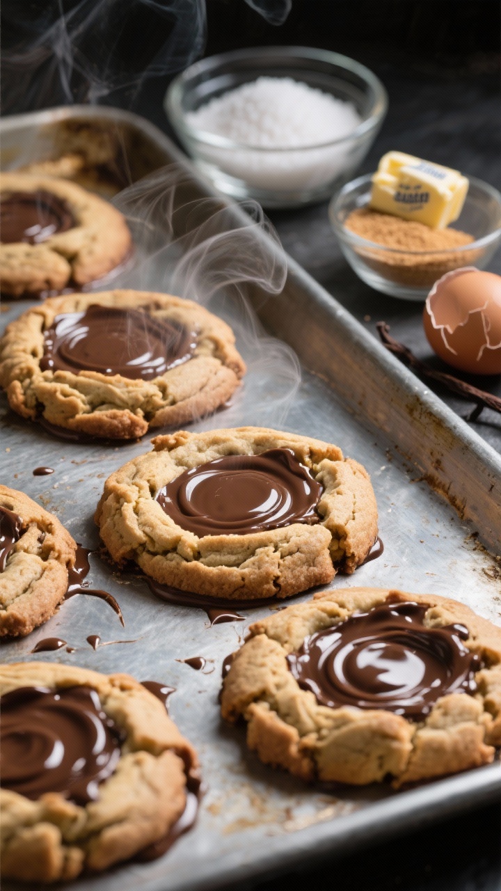 Straight-on action shot of thick, gooey pan-banging cookies mid-bake on a metal sheet, with dramatic rippled edges and sunken pools of melted chocolate visible. Show softened butter wrapper off to the side, granulated sugar and light brown sugar in glass bowls, a cracked egg and vanilla nearby. Capture the moment after a pan bang: cookies spread with wrinkled rings, glossy centers, and steam faintly rising. High-contrast light to dramatize texture; shallow depth of field to focus on the ripples and gooey centers.
