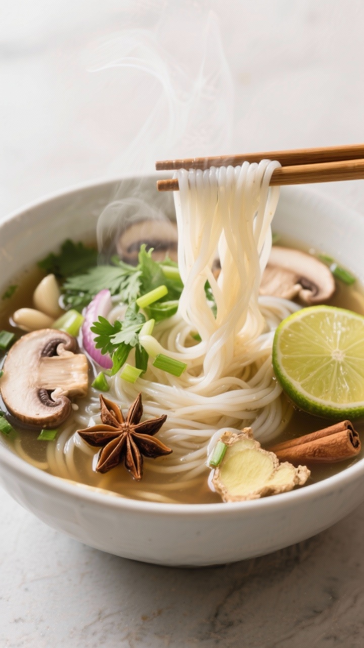 Straight-on bowl shot of Fast Pho-Inspired Mushroom Noodle Soup: aromatic broth with star anise and cinnamon, sliced mushrooms, onion, garlic, and ginger; rice noodles lifted slightly by chopsticks; garnished with scallions, cilantro, and lime; light steam.