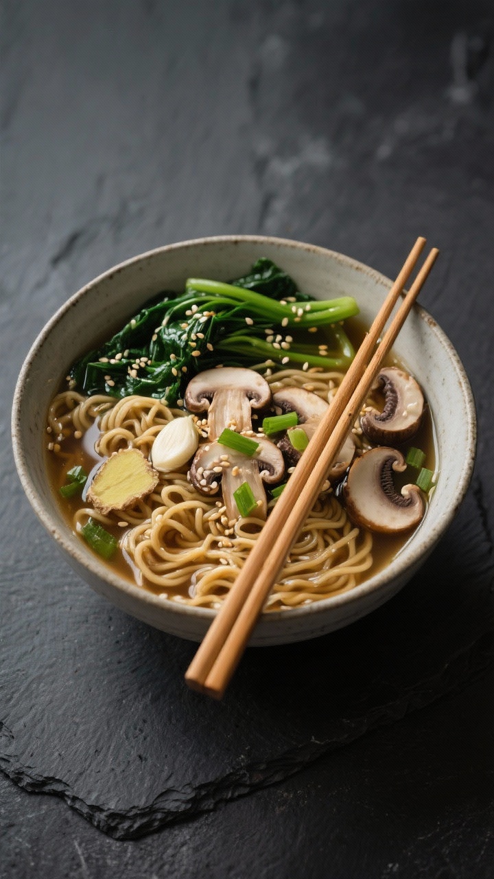 Straight-on bowl shot of miso-ginger mushroom ramen: curly ramen noodles in a clear miso-ginger vegetable broth, generous sliced cremini/shiitake mushrooms, sesame oil sheen, sliced scallions, garlic and ginger visible; sesame-glistened sautéed greens nestled on top; minimalist ceramic bowl on a dark slate background for contrast, chopsticks resting across.