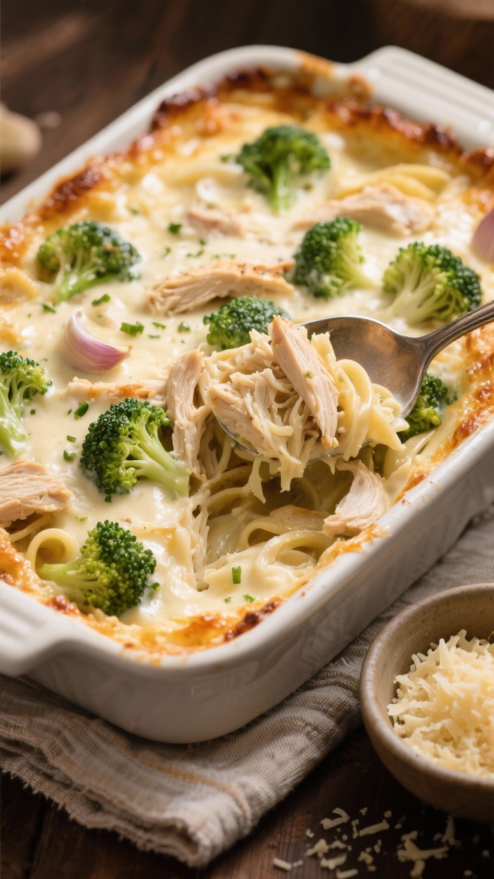 Straight-on casserole dish of rotisserie chicken alfredo bake: bubbling edges and lightly browned top where cream cheese and heavy cream sauce blanket shredded rotisserie chicken and vibrant green steamed broccoli florets; garlic notes visible as tiny flecks in the creamy sauce; a serving spoon revealing the pull-apart tenderness and rich, velvety interior; placed on a linen with a small bowl of grated parmesan nearby; warm, cozy lighting for comfort-food mood.