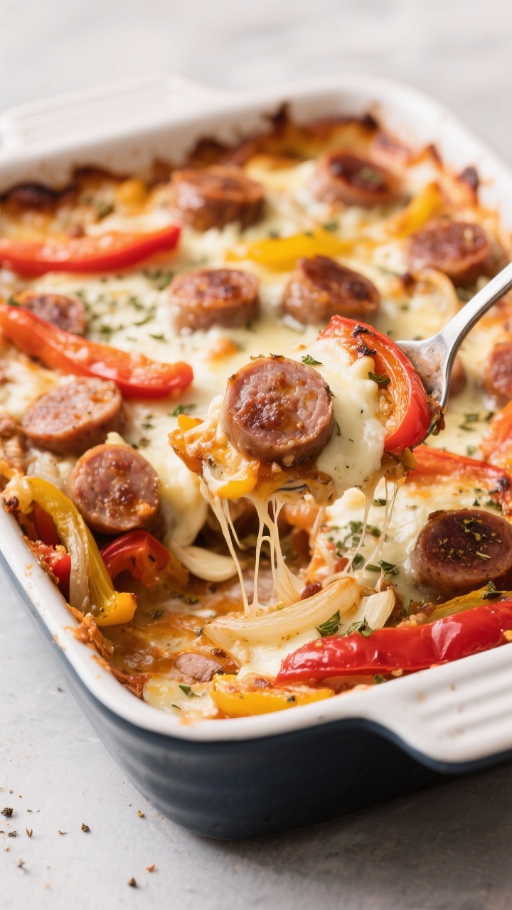 Straight-on casserole dish of sausage, peppers & mozzarella bake: sliced Italian sausage rounds bubbling with melted mozzarella, roasted bell pepper strips (red and yellow), soft caramelized onion, and minced garlic; speckled with Italian seasoning; cheese browned in spots, strings visible as a serving spoon lifts a portion; cozy, zero-fuss comfort mood.