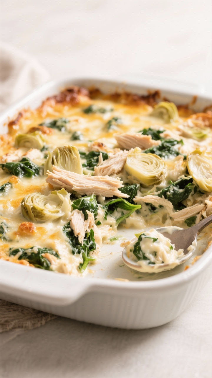Straight-on casserole dish of Spinach Artichoke Chicken Casserole: shredded chicken folded into a lush, party-dip-like mixture of thawed, well-drained chopped spinach and chunky artichoke hearts; creamy, cheesy top lightly bronzed; visible green spinach flecks and ivory artichoke pieces throughout; served with a tidy scoop on a small plate to show creamy pull; neutral backdrop, bright, inviting light emphasizing the “dip-turned-dinner” decadence.