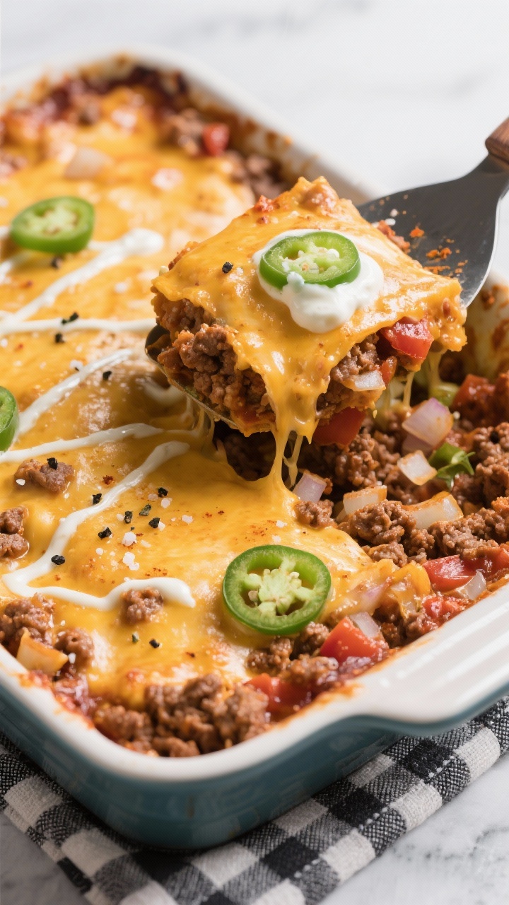 Straight-on casserole reveal: cheesy taco casserole in a square baking dish, bubbly browned cheese on top with visible crags of spiced ground beef (chili powder, cumin, smoked paprika, dried oregano), tomato paste-tinted sauce, and diced onion; slices of fresh jalapeño and a drizzle of jalapeño crema zig-zagged across the surface; edges slightly caramelized, sprinkle of sea salt and black pepper; set on a checkered cloth with a serving spatula lifting a gooey square, comfort-food, game-night feel.