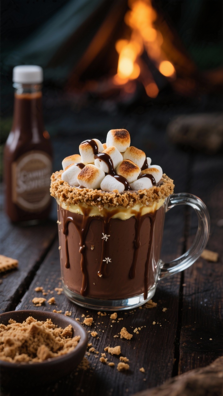 Straight-on close-up of a Campfire S’mores Mug hot chocolate: a clear glass mug filled with rich cocoa base, rim brushed with melted salted butter and coated in crushed graham crackers, topped with a mound of mini marshmallows lightly torched to golden-brown, chocolate syrup drizzled in glossy ribbons down the inside of the mug; a small dish of extra graham crumbs and a bottle of chocolate syrup in soft focus; moody campfire vibe, dark wood surface, dramatic contrast.