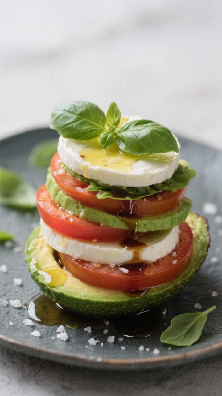 Straight-on close-up of a five-minute Caprese avocado stack: thick slices of ripe tomato, creamy fresh mozzarella rounds, and fresh basil leaves layered atop avocado halves, drizzled with extra-virgin olive oil and a glossy ribbon of balsamic (or sugar-free balsamic) reduction; sea salt flakes visible on the cut avocado; set on a cool slate plate with a few scattered basil leaves; crisp, no-cook freshness.