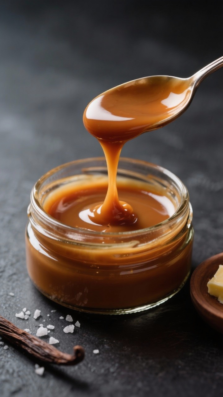 Straight-on close-up of a glossy, five-minute caramel sauce stream cascading from a spoon into a warm glass jar: deep amber sheen from keto sugar-free condensed milk, butter, and a touch of allulose/erythritol for extra caramelization; faint vanilla and a delicate pinch of flaky salt visible on a small dish; soft highlights reflecting the silky texture, set against a matte charcoal surface for rich contrast.