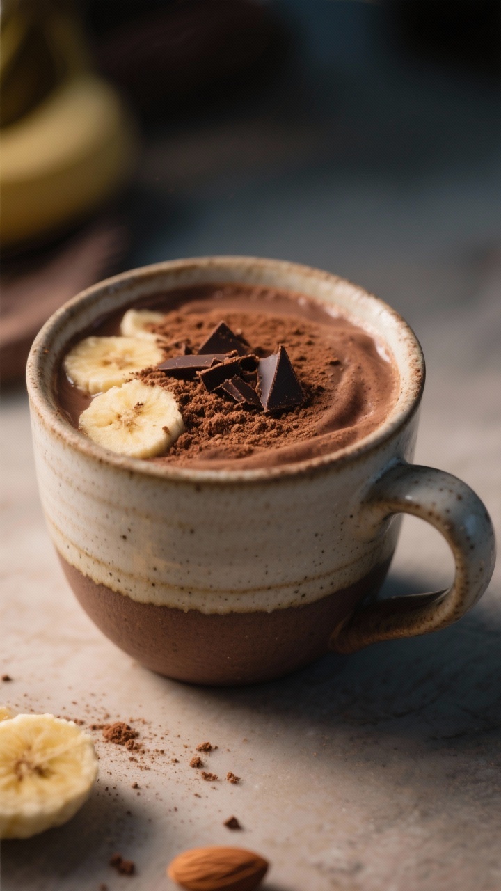 Straight-on close-up of a Late-Night Cocoa Protein Mug: a ceramic mug filled with a rich, frothy blend of chocolate/vanilla protein powder, unsweetened cocoa powder, warm unsweetened almond milk, sweetened with mashed banana or applesauce; velvety surface with a dusting of cocoa and a few dark chocolate shavings; soft evening lighting, cozy backdrop.