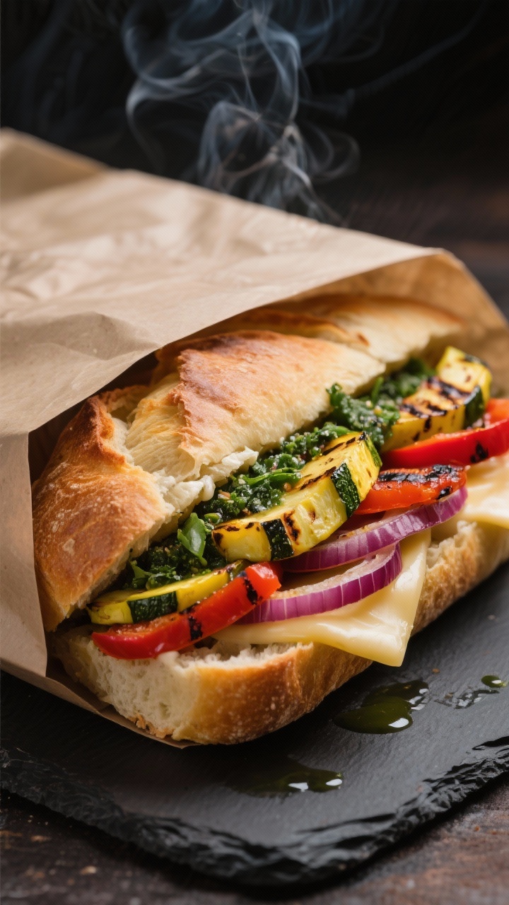 Straight-on close-up of a pressed Smoky Chimichurri Veggie Cubano: crusty baguette split and griddled, filled with ribbons of grilled yellow squash, thick rings of charred red onion, roasted red bell pepper strips, and melty Swiss/provolone cheese, green chimichurri oozing along the seam; visible smoky grill marks, parchment-wrapped half with another half leaning to reveal layered textures, moody Cuban street-food vibe.