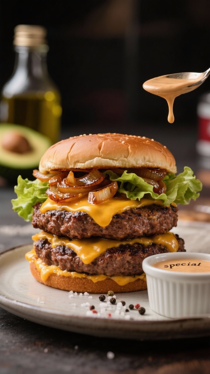 Straight-on close-up of bunless smash burgers: two stacked patties with deep browned crusts, gooey melted cheddar cascading, a nest of glossy caramelized onions on top, all nestled in butter lettuce leaves; a ramekin of “special” sauce dripping from a spoon nearby; tiny salt and pepper granules visible on the meat; avocado oil bottle blurred in the background; moody diner-style lighting emphasizing juiciness.