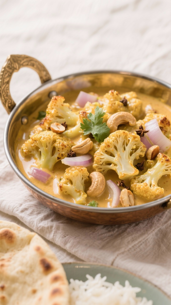 Straight-on close-up of cauliflower korma with cashew cream in a shallow brass kadhai: roasted cauliflower florets tossed in a silky cashew cream sauce, gentle golden color with glossy sheen. Visible chopped onion and a few whole spices in the sauce, finished with a scatter of toasted cashew pieces and cilantro. Serve with basmati rice and warm naan partially in frame. Elegant, minimal styling on a pale linen, soft highlights to showcase the creamy texture, mood of “fancy but easy.”
